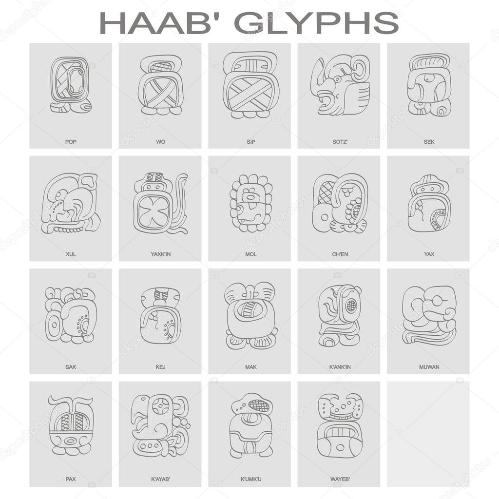 vector icon set with Haab Maya calendar named months and associated glyphs 