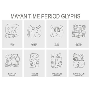 vector icon set with mayan time period  and associated glyphs clipart