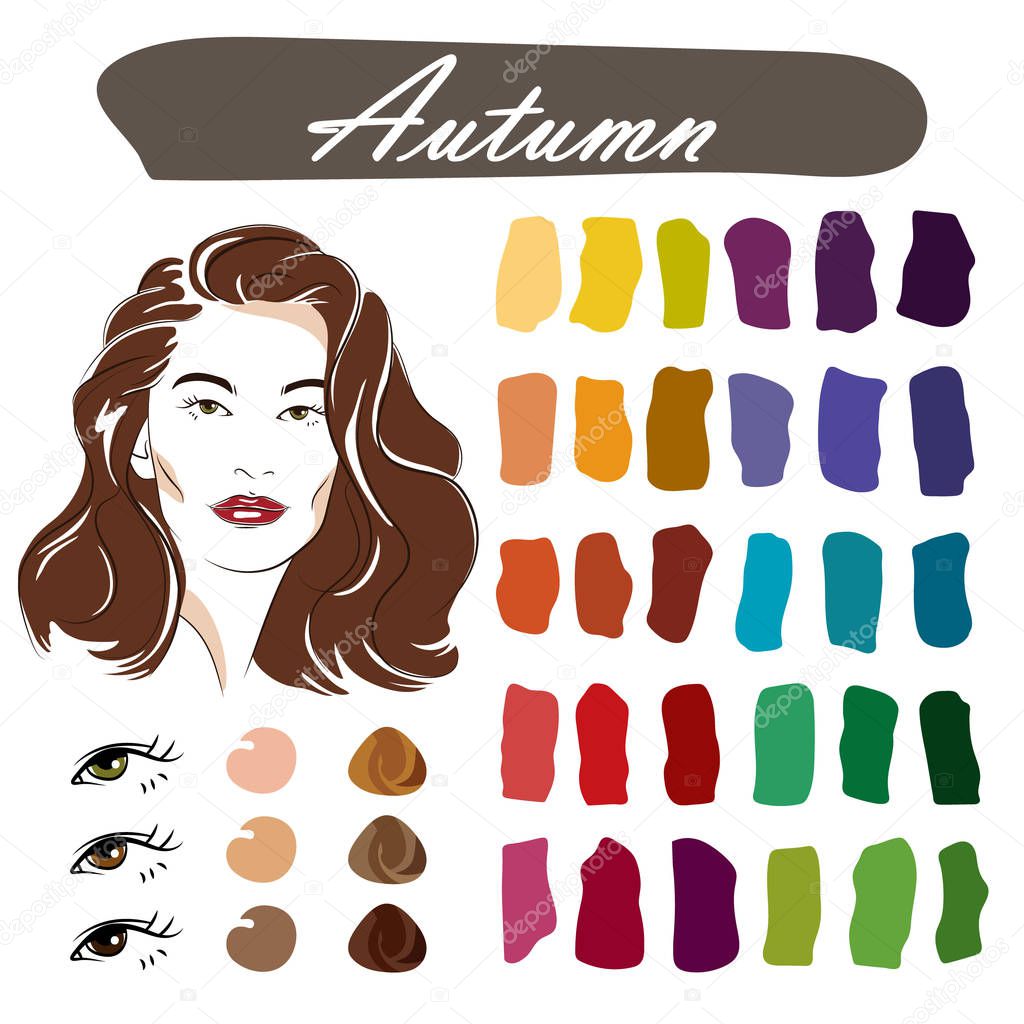 Stock vector seasonal color analysis palette. Hand drawn girl with autumn type of female appearance.