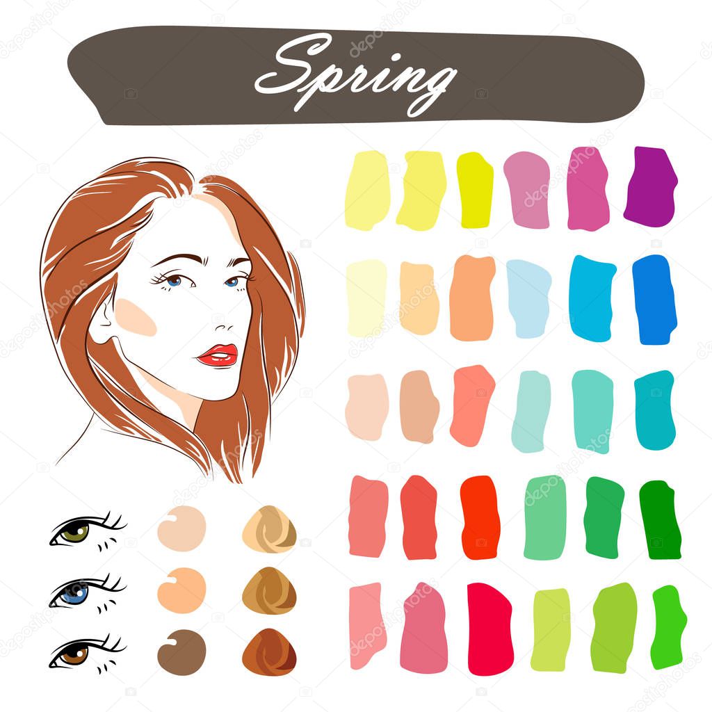 Stock vector seasonal color analysis palette. Hand drawn girl with spring type of female appearance.