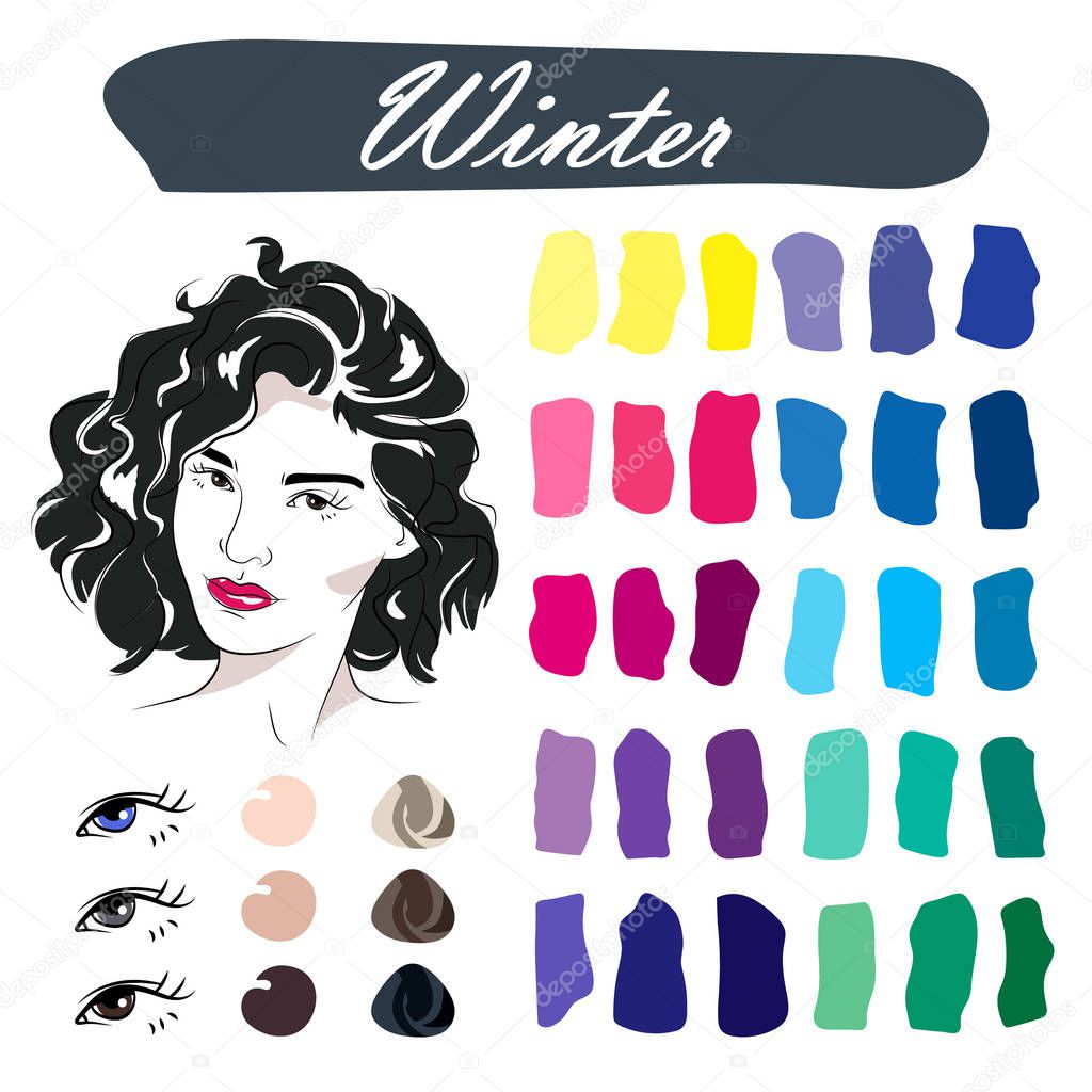 Stock vector seasonal color analysis palette. Hand drawn girl with winter type of female appearance.