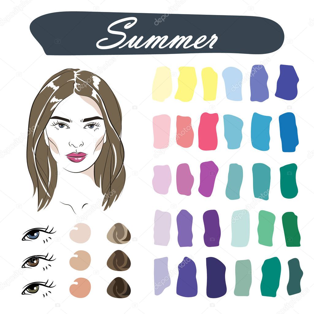Stock vector seasonal color analysis palette. Hand drawn girl with summer type of female appearance.