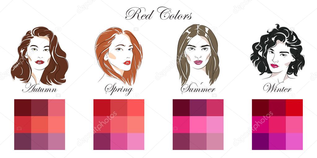 Seasonal color analysis. Vector hand drawn girls with different types of female appearance. Set of palettes with red colors for Winter, Spring, Summer, Autumn