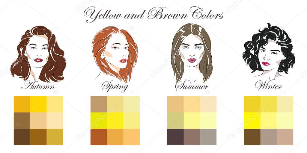 Seasonal color analysis. Vector hand drawn girls with different types of female appearance. Set of palettes with yellow and brown colors for Winter, Spring, Summer, Autumn