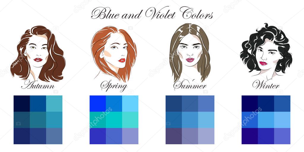Seasonal color analysis. Vector hand drawn girls with different types of female appearance. Set of palettes with blue and violet colors for Winter, Spring, Summer, Autumn