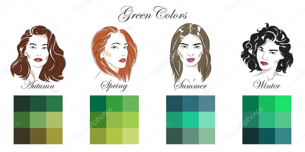 Seasonal color analysis. Vector hand drawn girls with different types of female appearance. Set of palettes with green colors for Winter, Spring, Summer, Autumn