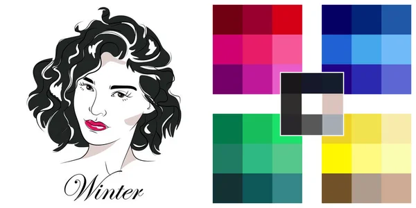 ストックベクトル手描き女 冬型の季節カラー分析パレット — ストックベクタ