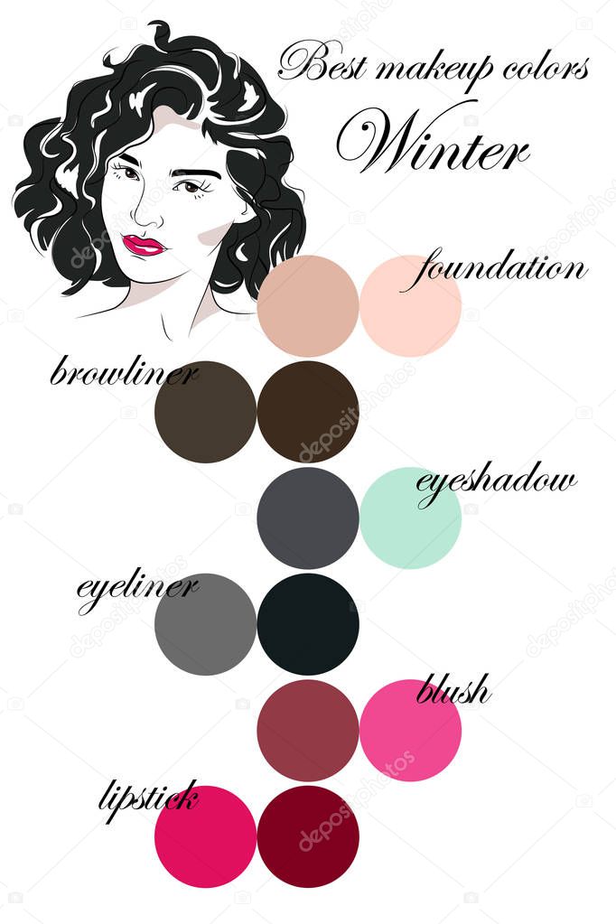 Best makeup colors for winter type of appearance. Seasonal color analysis palette. Face of young woman.