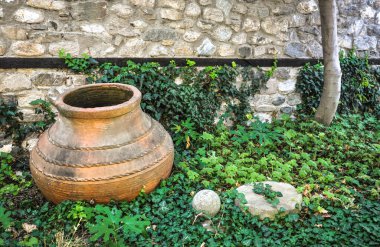 Şarap için büyük antik bir sürahi yeşil bitkilerin arasında yatıyor.