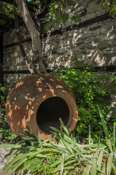 Grande Jarro Antigo Para Vinho Deitado Entre Vegetação Verde — Fotografia de Stock