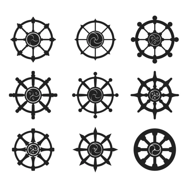 Vector Monocromo Conjunto Con Símbolo Religión India Dharmachakra — Archivo Imágenes Vectoriales