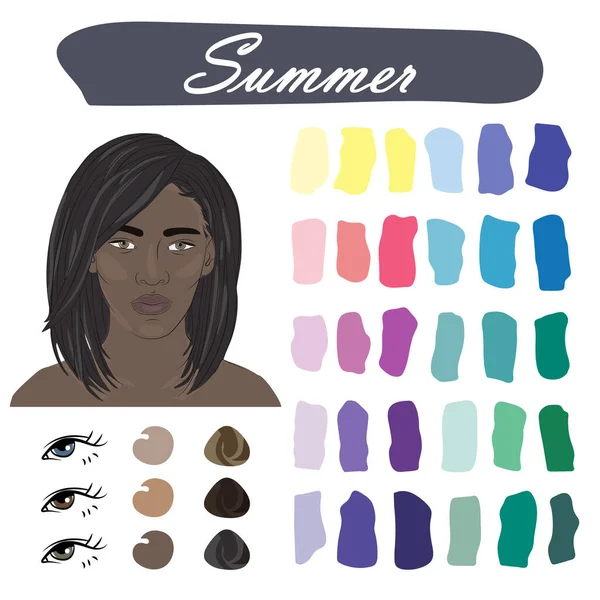ストックベクトルカラーガイド 女性の外観の夏のタイプのための季節色分析パレット 若いアフリカ系アメリカ人女性の顔 — ストックベクタ