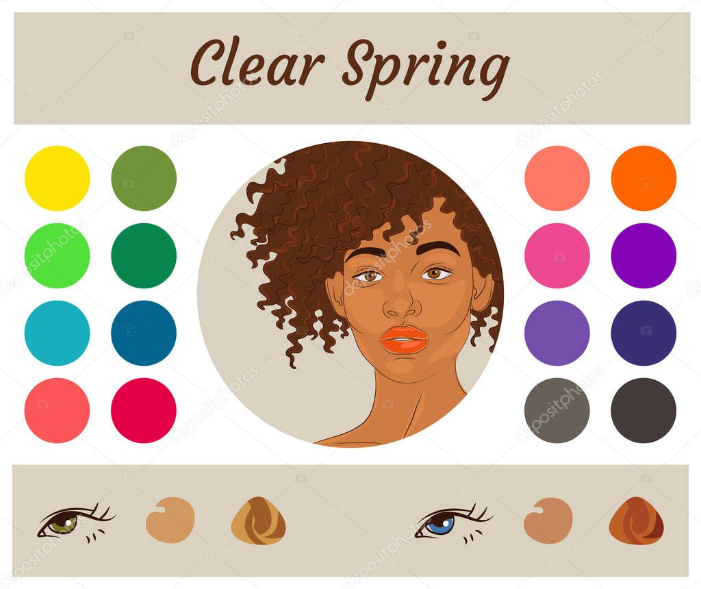 Stock vector seasonal color analysis palette for clear spring. Best colors for clear spring type of female appearance. Face of young african american woman