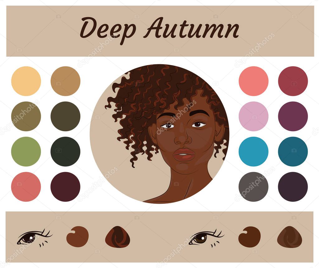 Stock vector seasonal color analysis palette for deep autumn. Best colors for deep autumn type of female appearance. Face of young african american woman