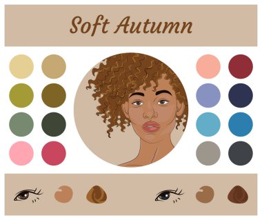 Yumuşak sonbahar için senet vektör sezonluk renk analizi paleti. Yumuşak sonbahar tipi kadın görünüşü için en iyi renkler. Genç Afro-Amerikan kadınının yüzü