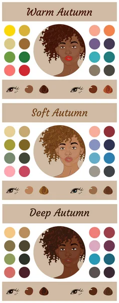 秋型女性の外観のためのストックベクトル季節色分析パレット 暖かく 柔らかく 深い秋のための最高の色 若いアフリカ系アメリカ人女性の顔 — ストックベクタ