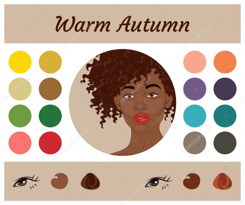 Stock vector seasonal color analysis palette for warm autumn. Best colors for warm autumn type of female appearance. Face of young african american woman