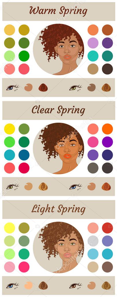 Stock vector seasonal color analysis palettes for spring type of female appearance. Best colors for warm, clear and light spring. Face of young african american woman