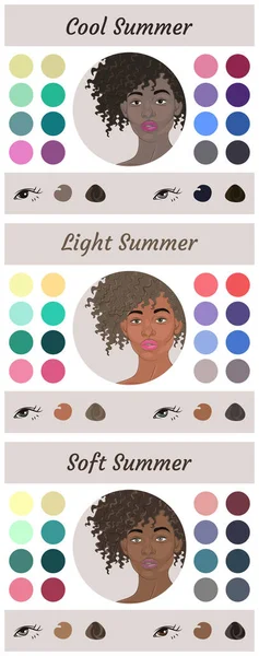 夏型女性の外観のためのストックベクトル季節色分析パレット 涼しく 柔らかく 軽い夏のための最高の色 若いアフリカ系アメリカ人女性の顔 — ストックベクタ