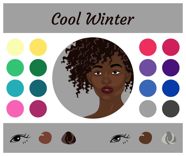 寒い冬のためのストックベクトル季節色分析パレット クールな冬のタイプの女性の外観のための最高の色 若いアフリカ系アメリカ人女性の顔 — ストックベクタ