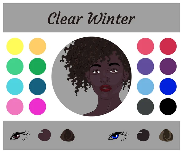 冬をクリアするためのストックベクトル季節カラー分析パレット 明確な冬のタイプの女性の外観のための最高の色 若いアフリカ系アメリカ人女性の顔 — ストックベクタ