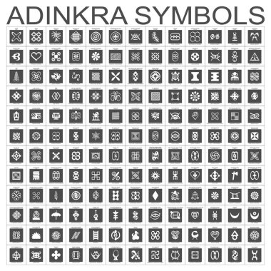 Afrika Adinkra sembolleri anlamlarıyla birlikte. Vektör simgesi ayarlandı 