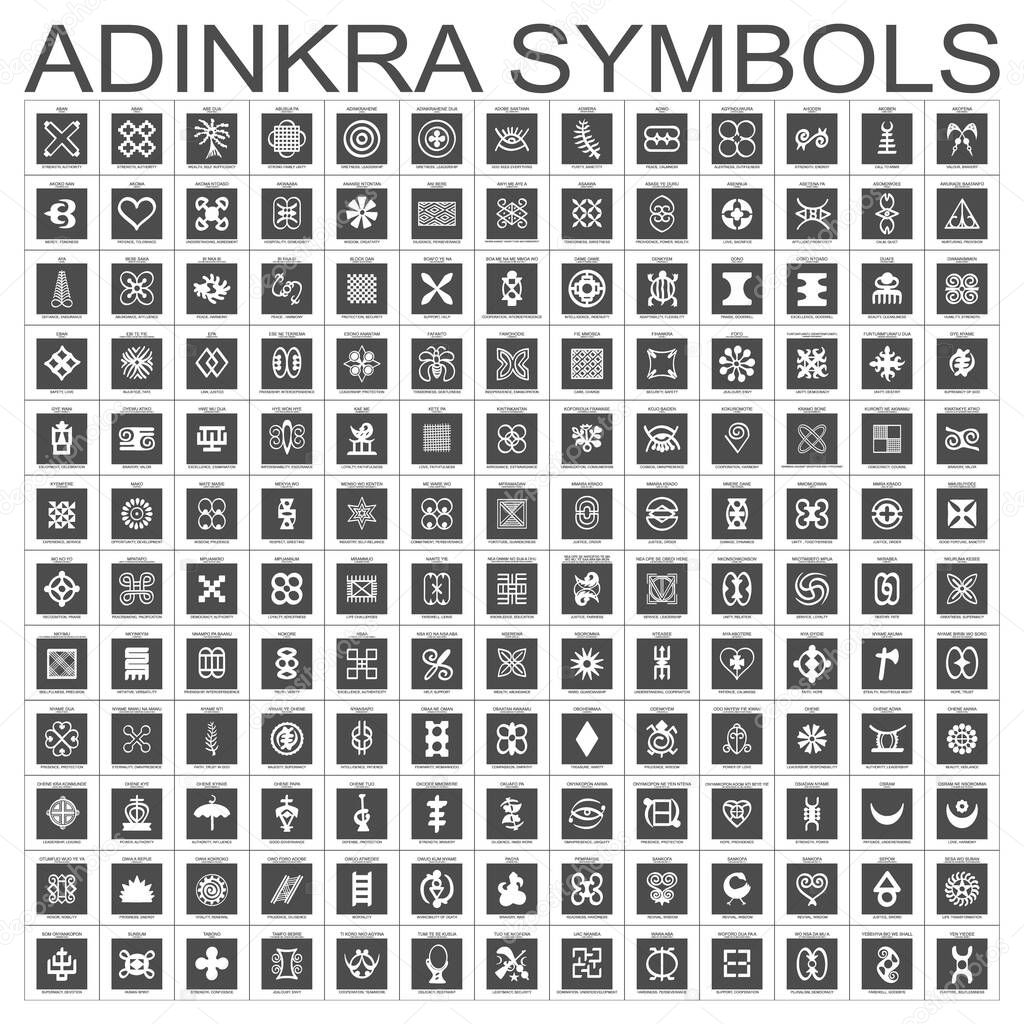 African Adinkra symbols with their meanings. Vector icon set 