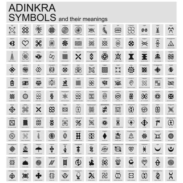 Conjunto Iconos Vectoriales Con Símbolos Africanos Adinkra Con Sus Significados — Archivo Imágenes Vectoriales