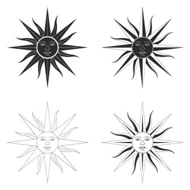 Mayıs ayının güneşi ile tek renkli vektör ikonu İnka güneş tanrısı İnti 'nin antik sembolü.