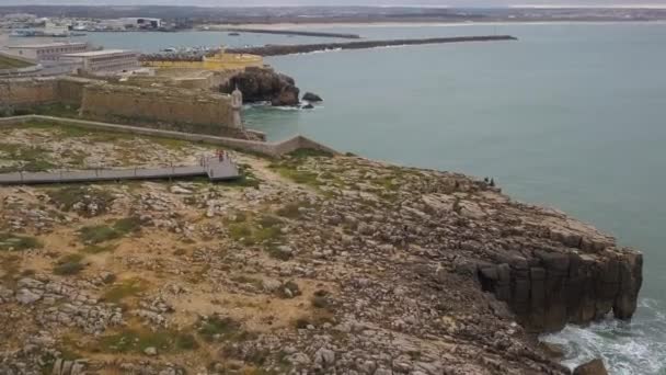 Aerial Footage Beautiful View Rocky Coast Port Fort Peniche Portugal — Stock Video