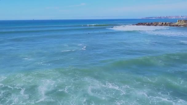 Aerial View Atlantic Coast Surfers Water Waves Cascais Portugal Clifs — Stock Video