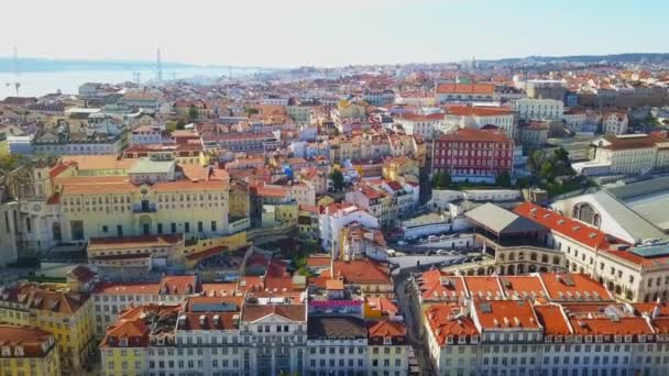 Panoramic Aerial View Lisbon Beautiful Summer Day Old Town Red — Stock Video