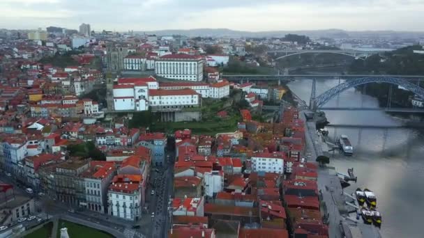 Vista Aérea Drones Cidade Velha Porto Ponte Dom Luis Sobre — Vídeo de Stock
