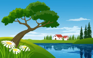 Ev ve nehirle güzel bir kırsal alan.