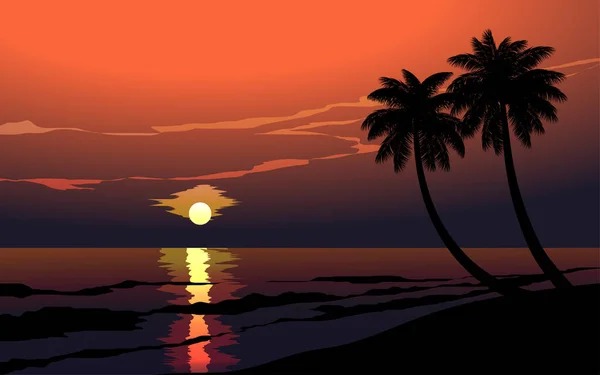 Zee Zonsondergang Landschap Met Palmbomen Silhouet — Stockvector