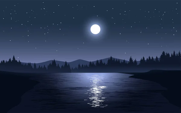 Schöne Nacht Bei Vollmond Über Dem See — Stockvektor