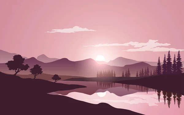 Paysage Plat Coucher Soleil Avec Montagne Lac — Image vectorielle