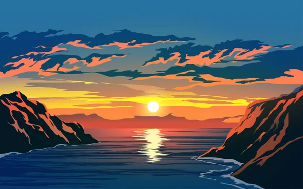 Океан Вид Захід Сонця Пейзаж Скелями — стоковий вектор