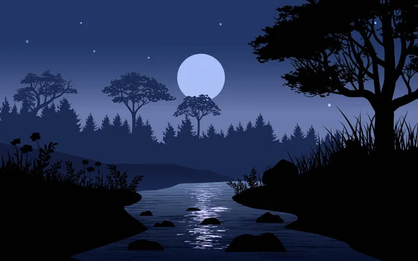 Río Bosque Noche Paisaje Ilustración — Vector de stock