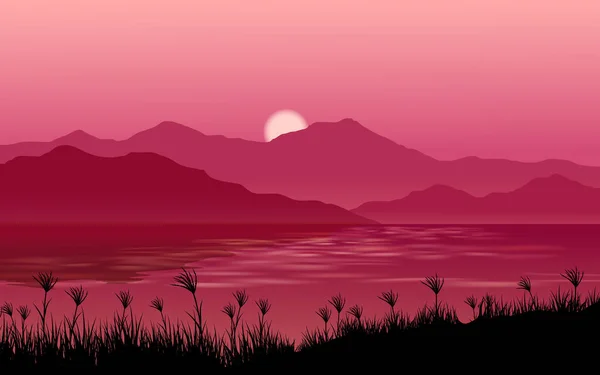 Lago Hermosa Ilustración Puesta Del Sol — Vector de stock