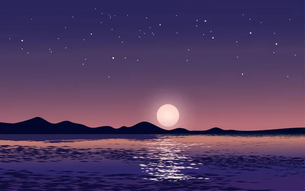 Evening sky in lake with moonrise and stars