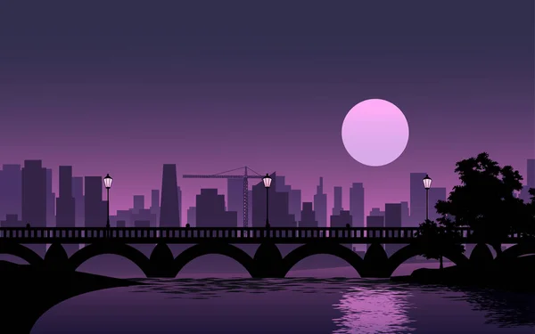 Πόλη Νύχτα Τοπίο Γέφυρα Και Φεγγάρι — Διανυσματικό Αρχείο