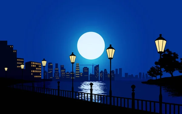 Ciudad Horizonte Nocturno Con Río Luna Llena — Archivo Imágenes Vectoriales