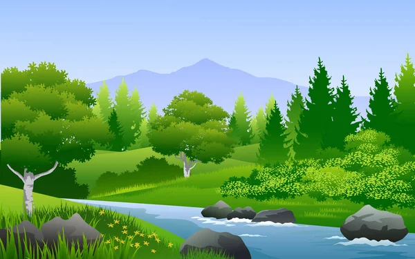 Beau Paysage Forestier Rural Avec Rivière — Image vectorielle