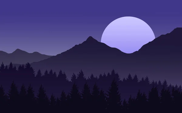 Paysage Nocturne Montagne Avec Lever Lune Forêt — Image vectorielle