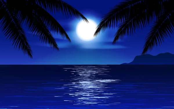 Hermosa Noche Playa Con Palmera Luz Luna — Vector de stock