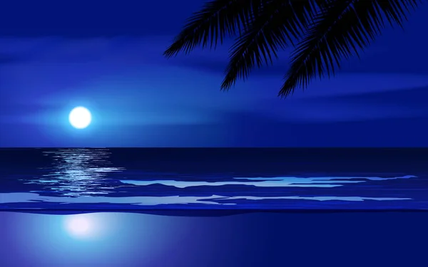 Alza Luna Sobre Mar Con Olas Palmeras — Vector de stock