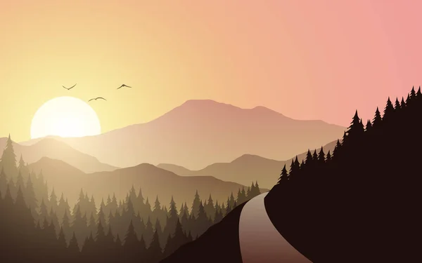 Montaña Bosque Puesta Sol Con Carretera — Vector de stock