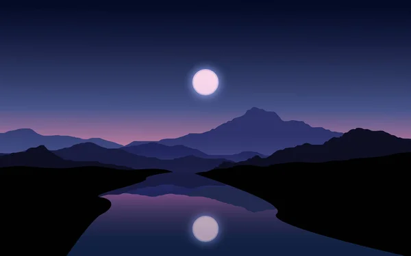Ορεινό Τοπίο Νύχτα Ποτάμι Και Φεγγάρι — Διανυσματικό Αρχείο