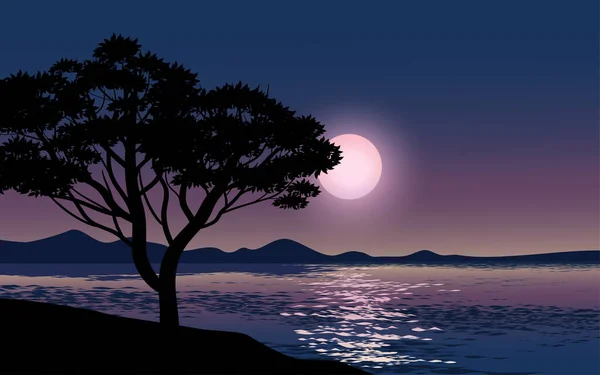 Paisaje Nocturno Con Árbol Lago — Vector de stock